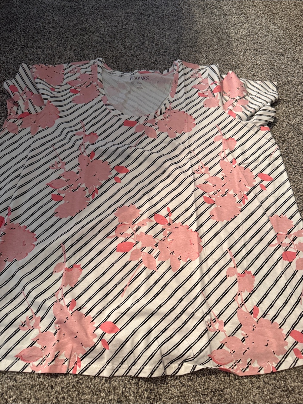 Roaman's Pink Floral Striped Short Sleeve Tee